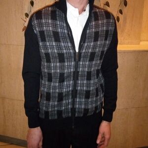 Burberry Black and Gray Plaid Zip-Up Sweater